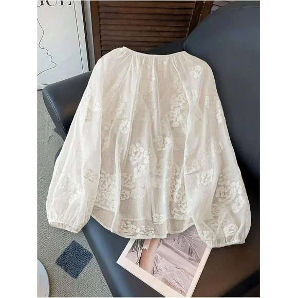 Women's Floral Embroidered Boho Tops Peasant Blouses Long Sleeve Shirts - Picture 2 of 5